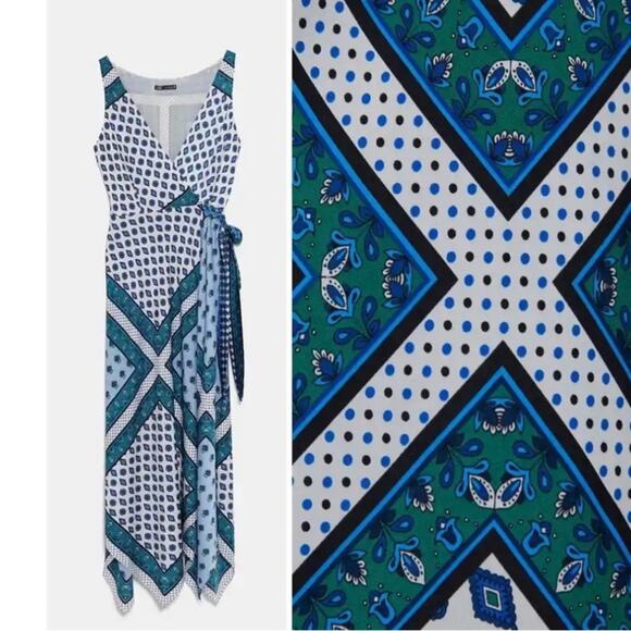 Zara Hanky Scarf Bandana Print Flowy Assymetrical Wrap Midi Dress Blue size XS - Picture 5 of 10